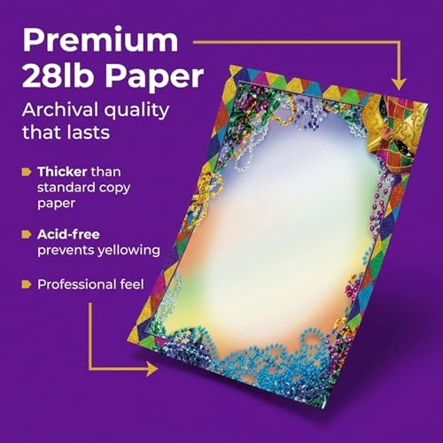 PaperDirect Bourbon Street Mardi Gras Border Paper, Multicolor Harlequin Glitter Print with Mask and Beads Design, 8.5 x 11, Acid-Free, Stationery for Party Invitations, Cards, 25 Sheets - color: Bourbon Street