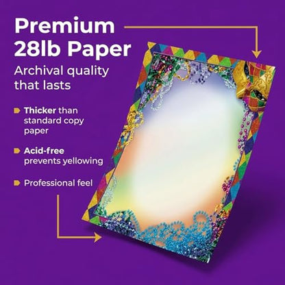 PaperDirect Bourbon Street Mardi Gras Border Paper, Multicolor Harlequin Glitter Print with Mask and Beads Design, 8.5 x 11, Acid-Free, Stationery for Party Invitations, Cards, 25 Sheets - color: Bourbon Street