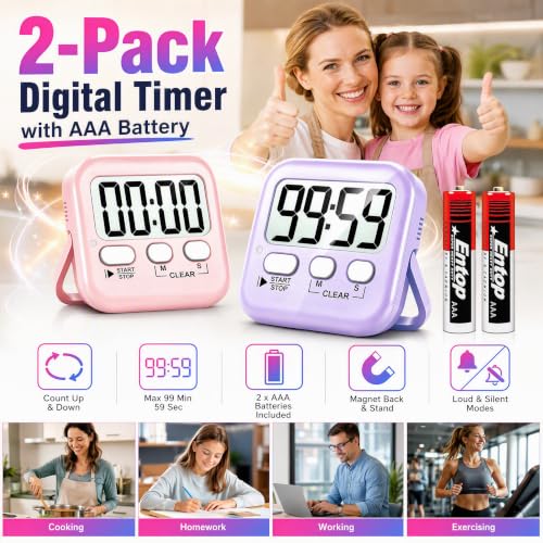 Antonki 2 Pack Digital Timer for Kids Classroom Kitchen Timers for Cooking - color: Pink + Purple