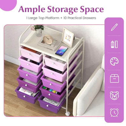 COSTWAY 10 Drawer Rolling Storage Cart, Utility Cart with Lockable Wheels - color: Purple Gradient, size: 10 Drawer