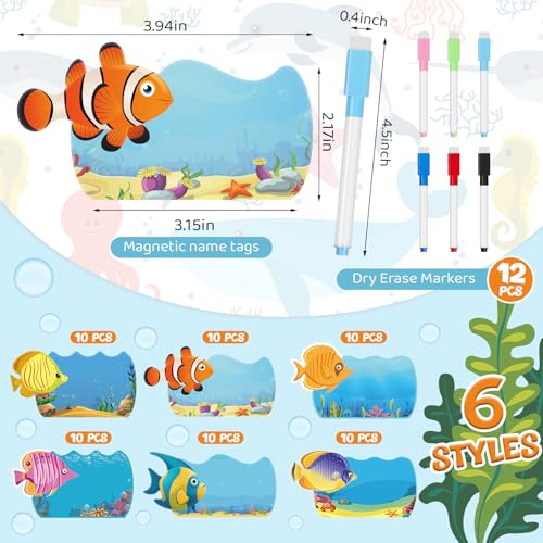 Henoyso 60 Pcs Ocean Name Tags Magnetic for Classroom with 12 Markers - style: Ocean