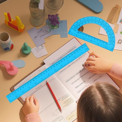 2 Packs 12 Inch Plastic Ruler and 6 Inch Plastic Protractor Set Clear Math Geometry Set Classroom Set Angle Detector School Supplies Classroom Ruler Home Office Drawings (Blue) - color: Blue