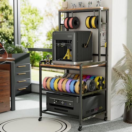 kepptory 3D Printer Stand with Power Outlet, Rolling Storage Cart w/Filament Spool Holder, Lockable Wheels Heavy Duty Rack for Ender 3 Ender 5 CR10 Desktop 3D Printers, Natural - color: Brown