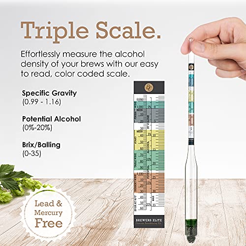 Brewer's Elite Hydrometer for Home Brew Beer, Wine, Mead and Kombucha - Deluxe Triple Scale Set with Hardcase and Cloth - Specific Gravity ABV Tester - size: Hydrometer Set