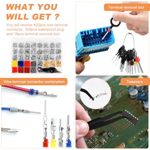 950pcs Pin Connectors Kit with Crimping Plier, Car Electrical 1/1.5/1.8/2.2/2.3/2.8/3.5mm Male & Female Wires Pins Seals Removal Tool kit, Motorcycle Non-Insulated Plug Crimp Set