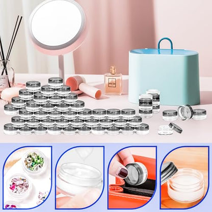 100 Pcs 5g Empty Plastic Containers with Black Lids,Mini Makeup Sample Containers, Small Sample Pot Jars Round Cosmetic Jars with Mini Spatulas for Liquid Sample Powder Creams Lotions - color: Black, size: 100PCS