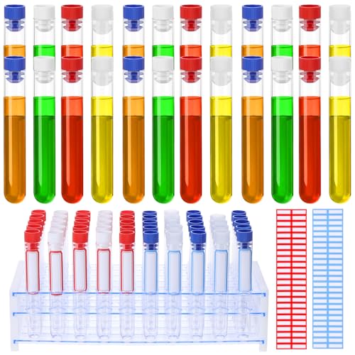 100Pcs Secret Tampon Flasks Lab Week Gifts Clear Plastic Test Tubes Shot with Racks Stickers 16x100mm Test Tube with Caps, Tubes Rack Plastic Tubes with Lids for Wedding Cruise Event Outdoor Sports