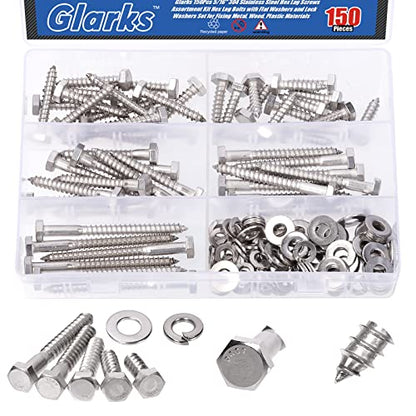 Glarks 150Pcs 5/16" 304 Stainless Steel Hex Lag Screws Assortment Kit Hex Lag Bolts with Flat Washers and Lock Washers Set for Fixing Metal, Wood, Plastic Materials - size: 5/16" Hex Lag Screws Set