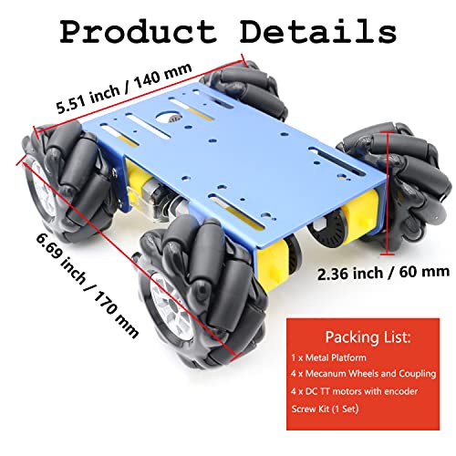 Professional 60mm Mecanum Wheel Car Chassis MC100 for Arduino / Raspberry pi / Micobit, Remote Control 4WD Metal Smart Robot Car Chassis Kit Omnidirectional Wheel with DC TT Motor DIY AI RoS STEAM - color: Blue