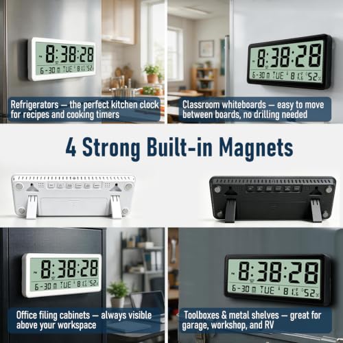 Magnetic Digital Clock with Seconds,8.5inch LCD Alarm Clock for Fridge - color: White