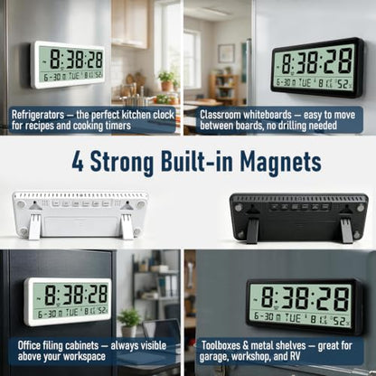 Magnetic Digital Clock with Seconds,8.5inch LCD Alarm Clock for Fridge - color: White