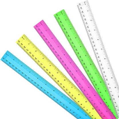 Tenare 20 Pack 12" Clear Plastic Ruler for Classroom School, Multicolor