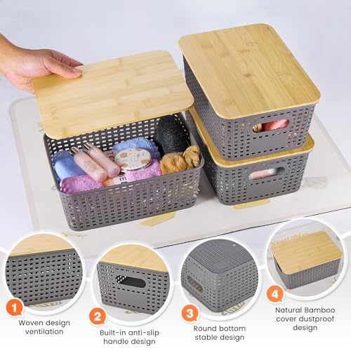 Ohmlove 6 Pack Plastic Storage Baskets with Bamboo Lids for Organization - color: Gray