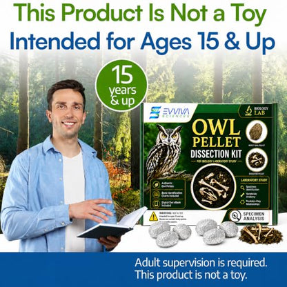ES EVVIVA SCIENCES Owl Pellet Kit - Dissect 30 Mostly Small Real Owl Pellets w/Tools & PDF Bone Charts - Science Education Kit for Ages 15+ - Hands-On Animal Biology Science Lab Activity