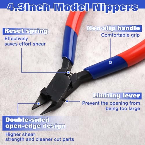 4.3Inch Model Nippers with Ultra-thin Double-Edge,Model Tools for Plastic Model Building,Sprue Cutter for Gundam Building Repairing and Fixing with Polishing Block, Protection Cap,Spring