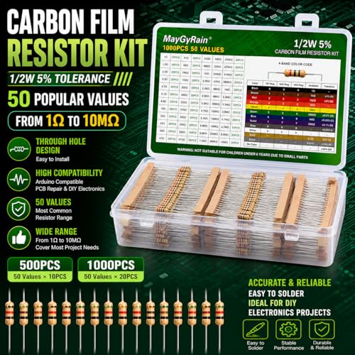 Carbon Film Resistor Kit, 50 Values 1/2W 5% Tolerance Resistors Assortment,0-10M Ohm Through Hole Resistors with Storage Box for Arduino,DIY Electronics Circuit Repair (1/2WJ-50V-1000PCS, Carbon) - style: 1/2WJ-50V-1000PCS
