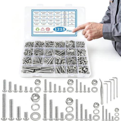 1218 Pcs 304 Stainless Steel Machine Screws Bolts and Nuts Assortment Kit Phillips Head Machine Screws with 4 Size Screws M3 M4 M5 M6 Metric Machine Screws Nuts Flat Washers and Lock Washer Kit