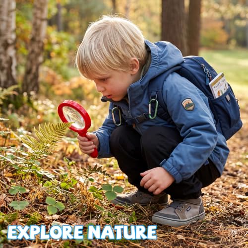 Lewtemi Kids Science Learning Toys Kids Magnifying Glass with Stand Grasp Jumbo Magnifiers 3X Magnification Exploration Preschool Learning Toys for Reading Book Map Insect (Red) - color: Red
