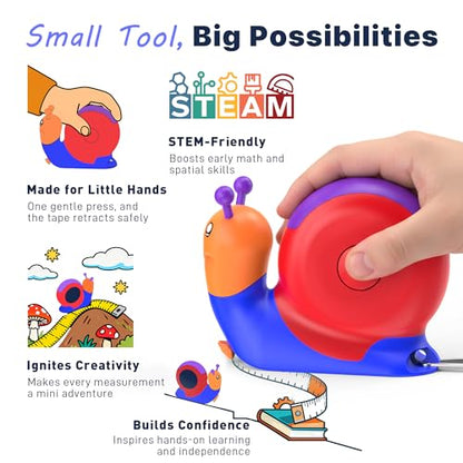 8ft Tape Measure for Kids, STEM Educational Tool with Level, Protractor and Eraser, Retractable Snail Shaped Measuring Tapes, Child-Safe Gift for Boys & Girls 3+, Double Blue - color: Double Blue