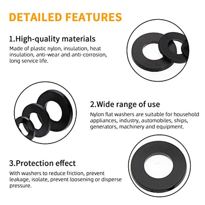 500Pcs Nylon Flat Washer Assortment Set, Washers Metric Sealing Spacer Gasket Ring Washers Set, 8 Sizes - M2, M2.5, M3, M4, M5, M6, M8, M10 (Black) - size: 500black