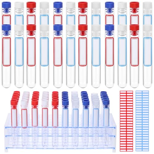 100Pcs Secret Tampon Flasks Lab Week Gifts Clear Plastic Test Tubes Shot with Racks Stickers 16x100mm Test Tube with Caps, Tubes Rack Plastic Tubes with Lids for Wedding Cruise Event Outdoor Sports