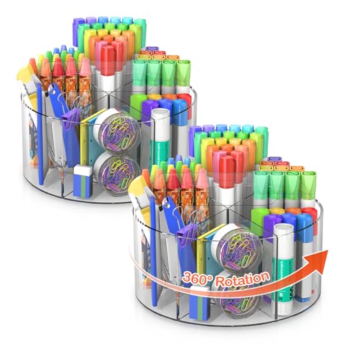 Mefirt Rotating Marker Organizer, 2 Pack Acrylic Pen Holder, 360° Rotating Pen Organizer, Acrylic Desk Office Organizer with 6 Compartments for Markers Pens Pencils Crayons, Home School Office, Clear - style: Clear-Large 2 PACK