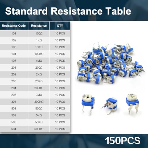 150PCS Potentiometer Assortment Kit, 15 Values 100Ω-2MΩ, 6mm Shaft