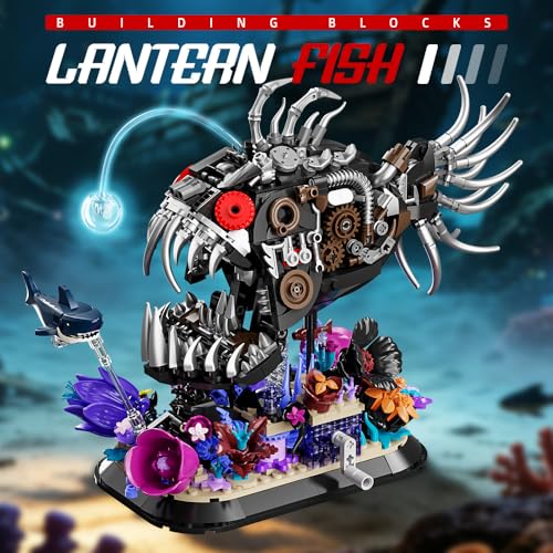 Mechanical Fishing Fish Building Set, 1010pcs Deep Sea Monster Block Models with Coral Base, Steampunk Ocean Animal Building Toys, Suitable for Boys and Girls 8+Home Office Decoration