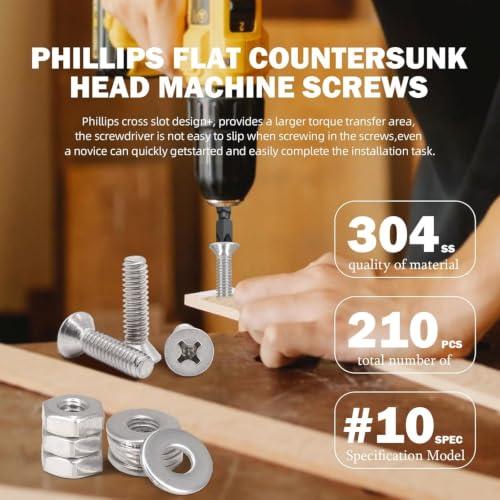 210PCS Machine Screw nut Bolt Combination kit, Phillips Flat Head Combination 304 Stainless Steel Bolt nut Flat Washer with Packaging， # 10 (3/8inch、5/8 inch、3/4 inch、 1 inch) - size: 4.8 mm, style: Flat head machine screw