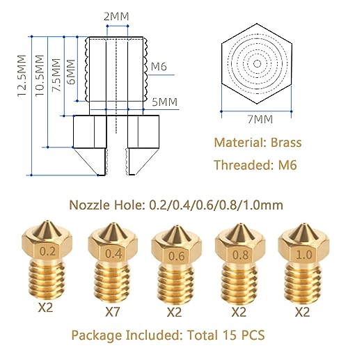 15PCS Brass Nozzles Kit for Anycubic Kobra, 3D Printer 7PCS 0.4mm Nozzles and 2PCS 0.2mm, 0.6mm, 0.8mm, 1.0mm Brass Nozzles Kit for Anycubic Mega, Mega X, Chrion, Kobra, Kobra Neo - style: Mega Brass Multi Size