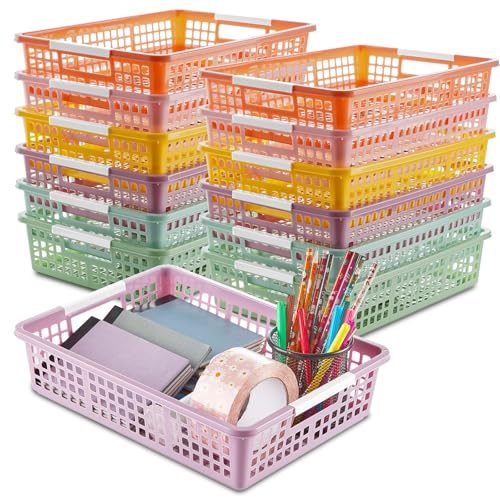 gisgfim 12 Pack Plastic Turn in Paper Trays for Classroom Storage Bin Basket Organizers for School Teacher Supplies Classroom Office Home Organization and Storage Tray Holds 4A Paper File (Pastel) - color: Pastel