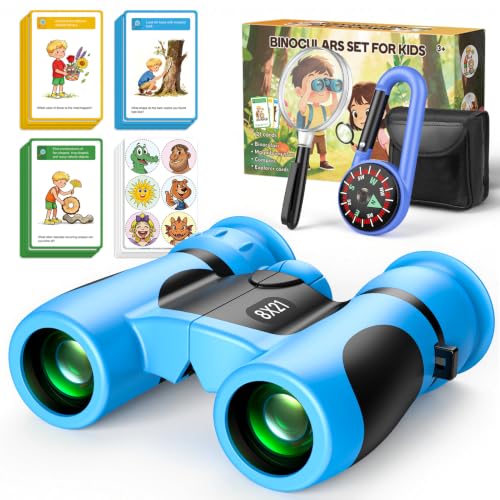 8x21 Kids Binoculars with 25 Scavenger Hunt Cards, Camping Toys for Boys Girls Ages 4-6-8-12 Outdoor Explorer Kit with Compass|Magnifying Glass, 3-12 Year Old Boy Bird Watching Hiking Birthday Gift - color: Blue