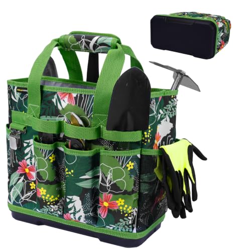 MELOTOUGH 12-Pocket Garden Tool Bag with Hard Bottom, Gardening Tote, Green - color: Green Leaf