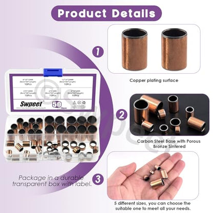 Swpeet 50cs 5 Size 6mm(Bore)×8mm(OD), 8mm(Bore)×10mm(OD), 12mm(Bore)×14mm(OD) Sleeve Bearing Assortment Kit, Plain Bearings Wrapped Oilless Bushings, Bronze Sintered Sleeve Bearings