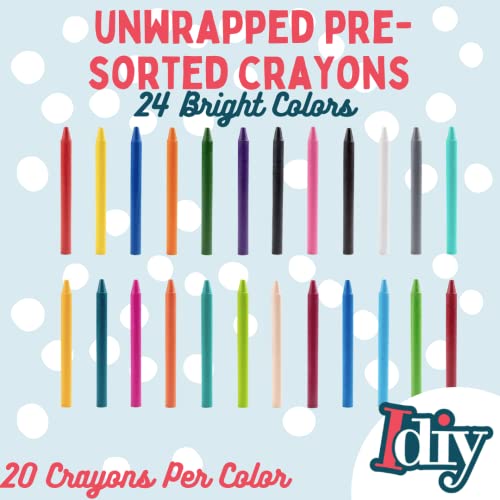 IDIY Unwrapped Bulk Wax Crayons 480 Count - 24 Assorted Colors (20 Each) Paperless & Pre-Sorted, Non-Toxic, ASTM Safety Tested for Kids, Teachers, Restaurants, Preschool Classroom Art Supplies - size: 1 Count (Pack of 480)