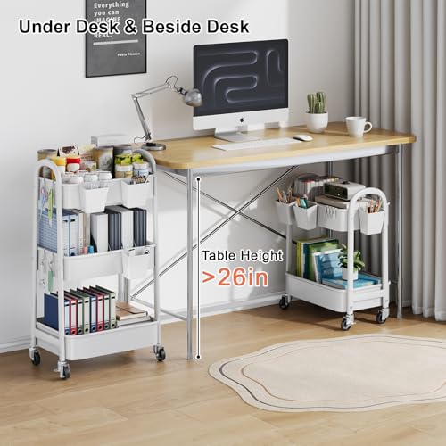 2 Tier Rolling Cart Metal with Wheels,White Under Desk Storage Roller Carts - color: Simple White, size: 2 tier