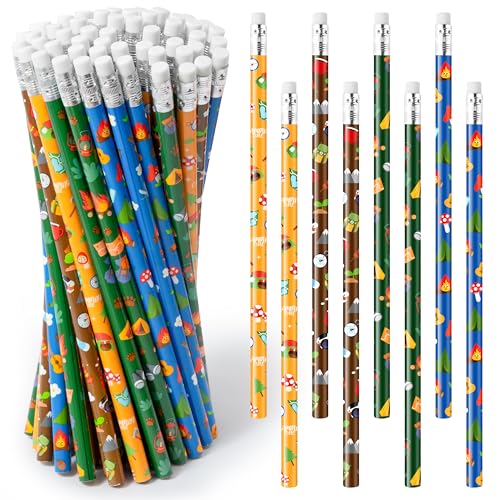Xqumoi 60Pcs Camping Pencils with Erasers - 4 Designs #2 HB Pencils in Bulk Outdoor Camping Patterns Themed Stationery School Classroom Rewards Goodie Bag Fillers Stuffers Birthday Party Favors - style: Camping