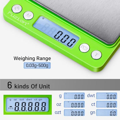 Fuzion Digital Scale .01 Gram Accuracy, 500g Small Kitchen Food Scales - color: Green