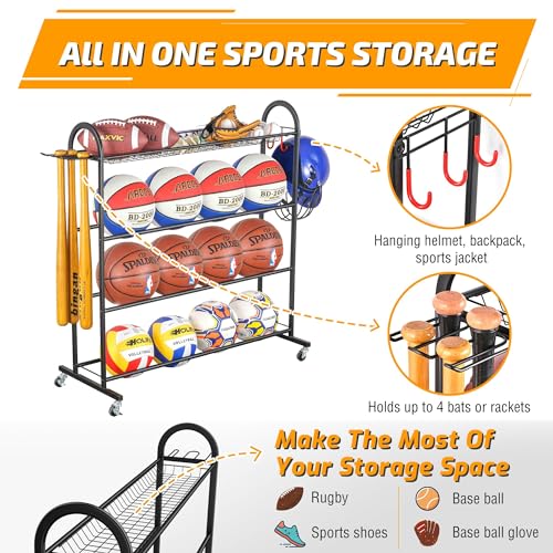 PLKOW Rolling Ball Storage Rack with Bat Holder and Hooks, Black