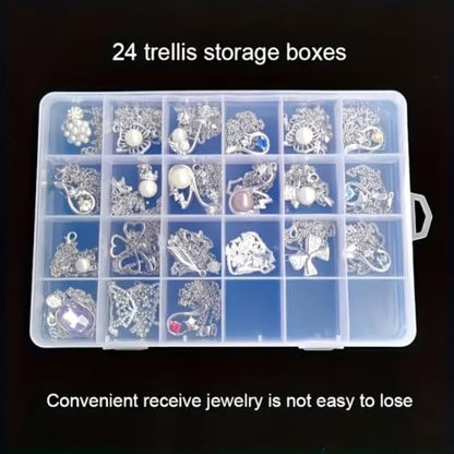 24-Compartment Transparent Plastic Storage Box—suitable for storing jewelry, beads, craft accessories, small parts, earrings, rings, screws, and various small items.