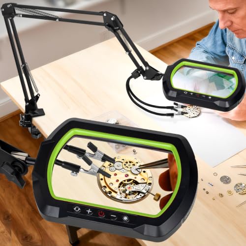 12X Square Magnifying Glass with Light and Clamp, Solder Helping Hand - color: Green, size: 12X