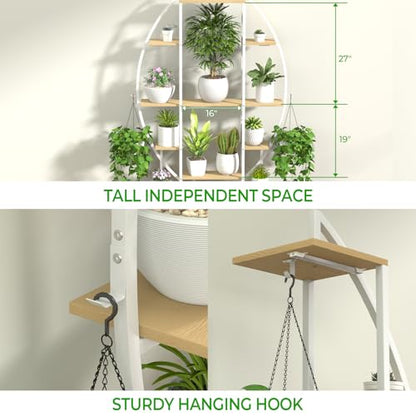 Plant Stand Indoor with 6 Grow Light, 65" Tall 7 Tier White Half Moon Shelf - color: Light Brown Board White Metal 7 Tier 2 Pack
