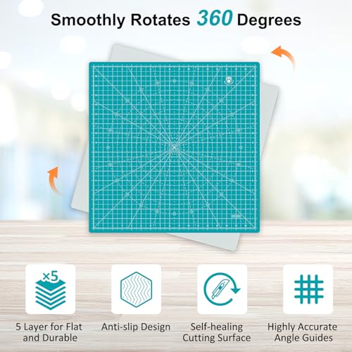 Headley Tools 17"x17" Rotating Cutting Mat, Self Healing Mat with 360-Degree Rotation & Anti-Slip Base, Sewing Board Cutting Mat Perfect for Fabric Quilting Leather Hobby Project, Turquoise - color: Turquoise, size: 17"L x 17"W