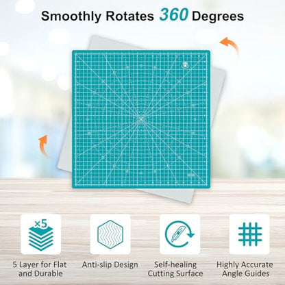Headley Tools 17"x17" Rotating Cutting Mat, Self Healing Mat with 360-Degree Rotation & Anti-Slip Base, Sewing Board Cutting Mat Perfect for Fabric Quilting Leather Hobby Project, Turquoise - color: Turquoise, size: 17"L x 17"W