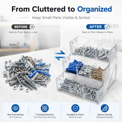 Tool Box Organizer, Screw Organizer, 9-Bin Clear 3-Tier Open Rack