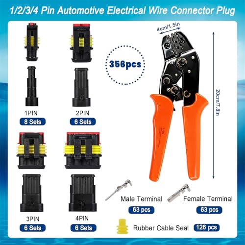 356Pcs 1/2/3/4 Pin Waterproof Electrical Connectors with Crimping Tool - size: 356PCS