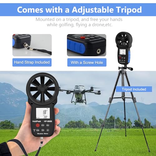 HoldPeak Handheld Anemometer Bluetooth with Tripod, Digital Wind Speed Gauge Meter, Air Flow Velocity Temperature CFM Measuring Device for HVAC Outdoor Sailing Shooting Golf, 866B-APP