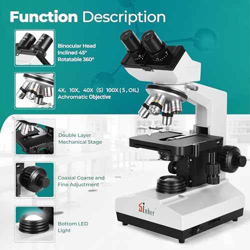 Sinher XSZ-107BN Professional Compound Binocular microscopes 40X-1600X Magnification with Microscope kit for Student Adults Suitable for Laboratory School Home Education.