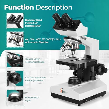 Sinher XSZ-107BN Professional Compound Binocular microscopes 40X-1600X Magnification with Microscope kit for Student Adults Suitable for Laboratory School Home Education.