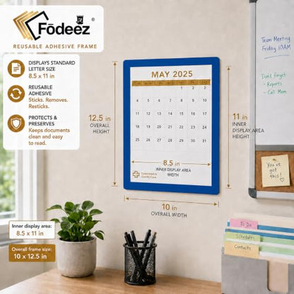 8.5 x 11 Adhesive Wall Frames - Peel & Stick Picture Frames, Wall Sign Holder, Paper Protector Sheets, Certificate Holders, Reusable Picture Frame, Dry Erase, Non Magnetic - Blue, Pack of 5 - color: blue